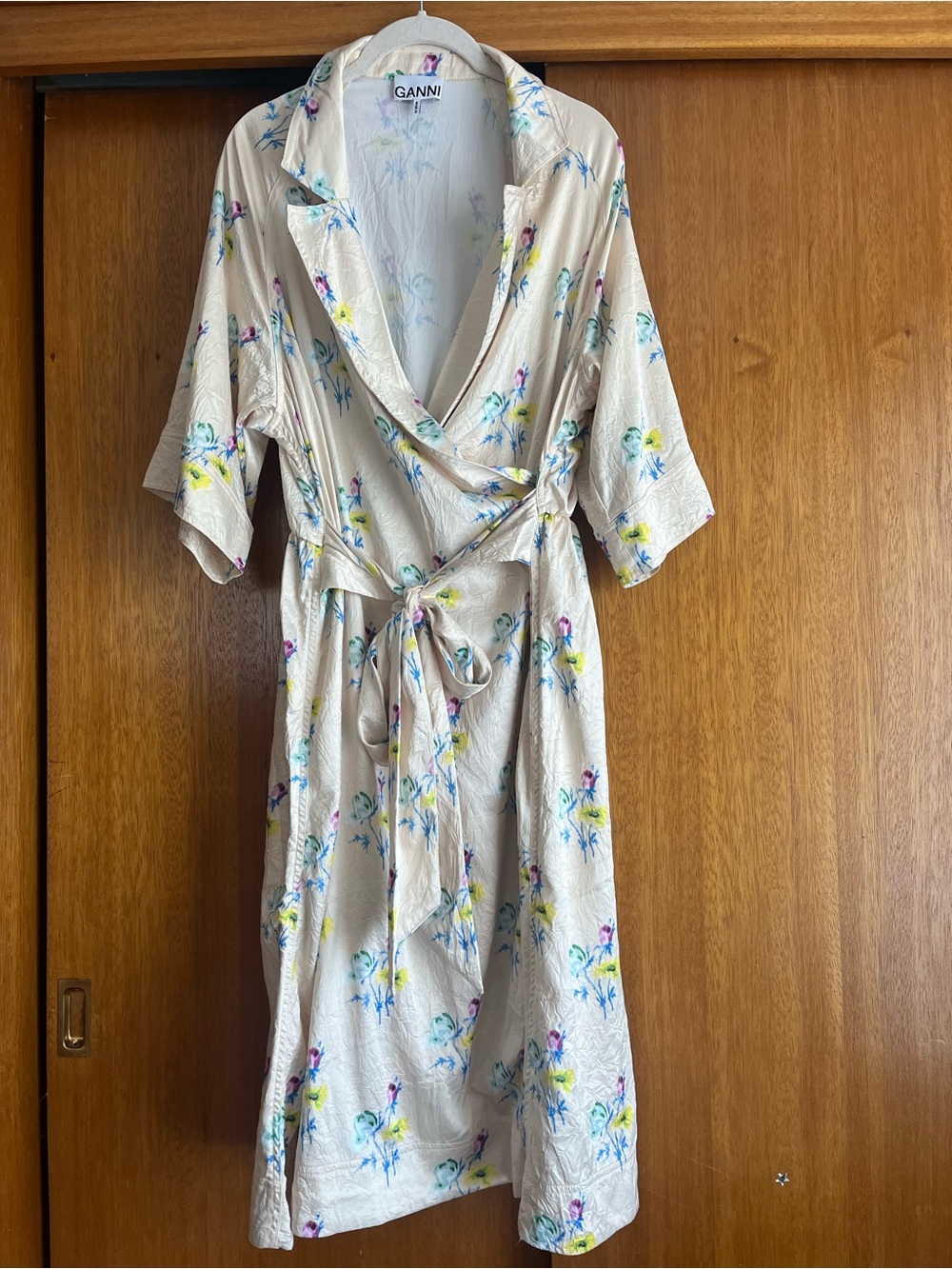 Ganni Beige Floral Midi Wrap Dress with Blue & Yellow Accents